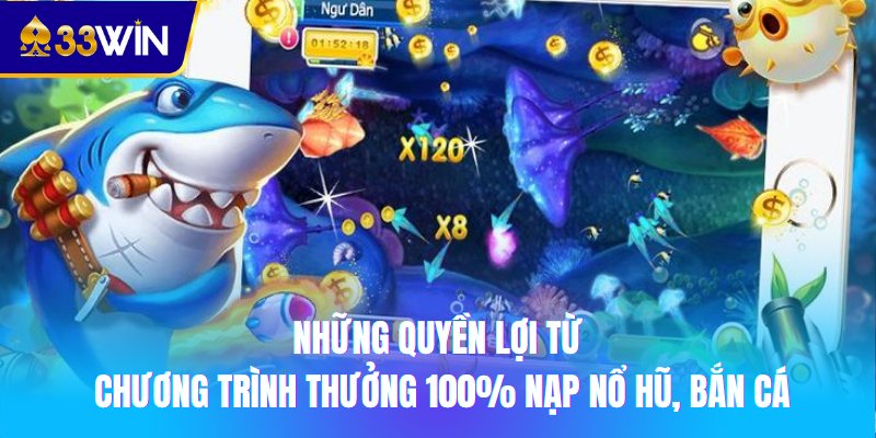 Những quyền lợi từ chương trình thưởng 100% nạp nổ hũ, bắn cá